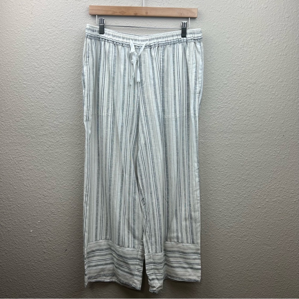 Casa Cabana Anita Nautical Linen Wide Leg Crop Pants Cream & Black Stripes Sz M